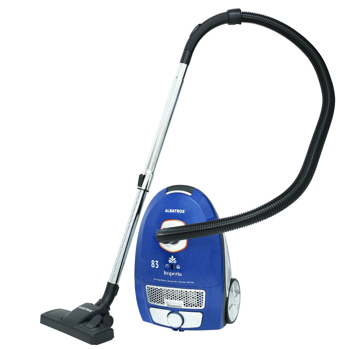 Aspirator cu sac Albatros Imperia 83 Eco, 833 W, Sac textil 3.5 L, Filtru lavabil HEPA, Tub metalic telescopic, Soft start, Albastru